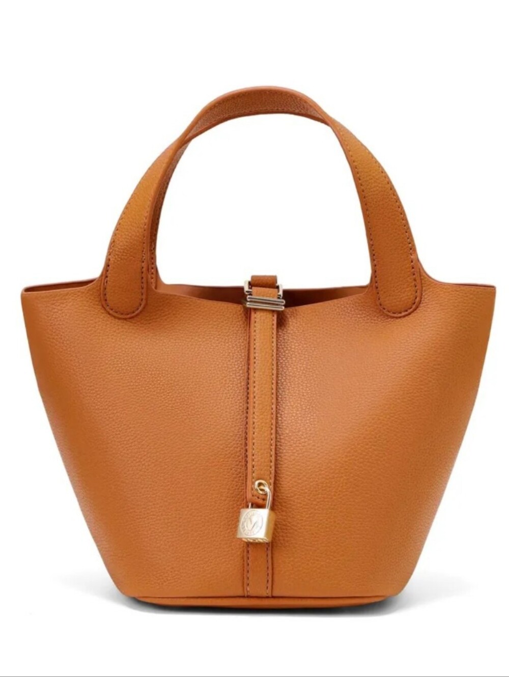 Valentino Orlandi Caramel Bucket Tote with Gold Lock & Cosmetic Bag NWT